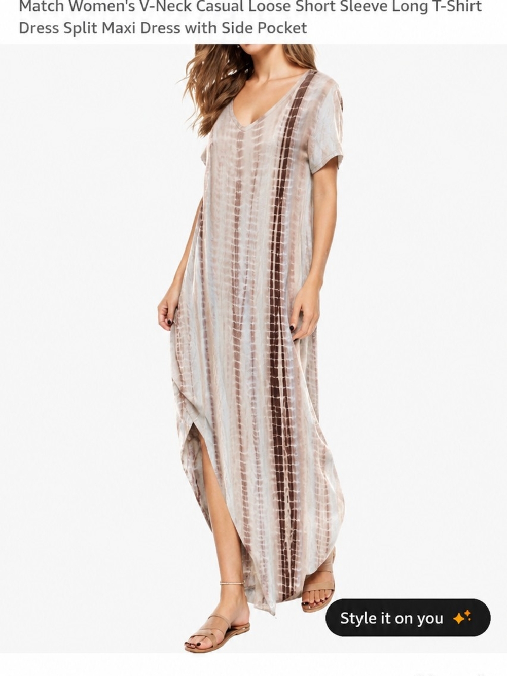 Tie-Dye V-Neck Maxi Dress in Taupe & Brown Stripe